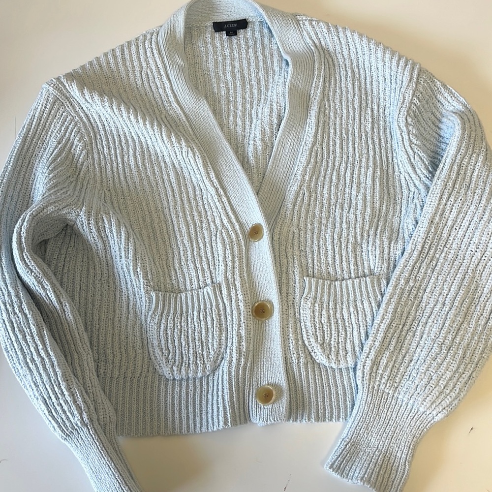 J-Crew Cropped patch-pocket beach cardigan sweater Sheer Blue Size Medium